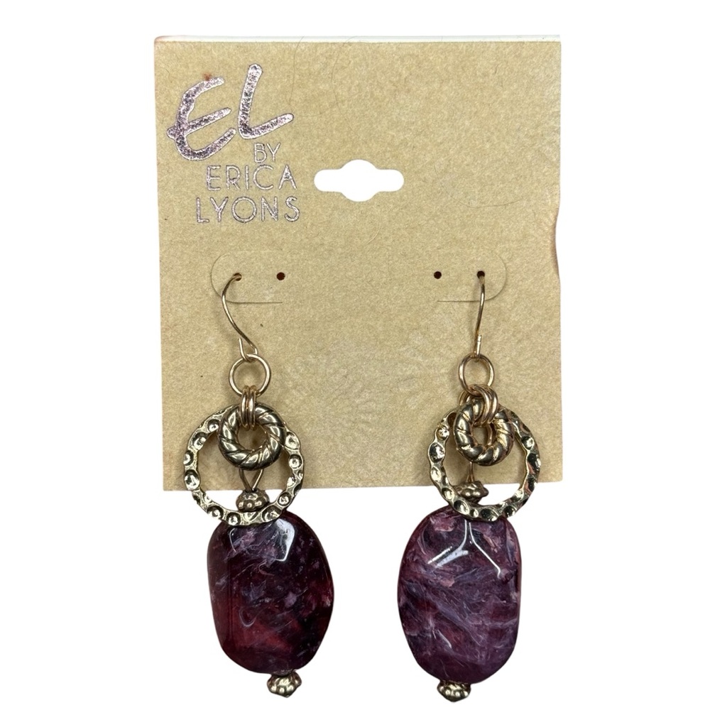 ERICA LYONS Purple Stone Gold Bronze Drop Dangle Hook Earrings Hammered NEW